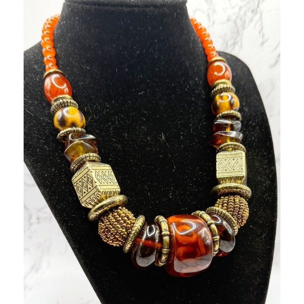 Boho Chunky Statement Necklace Amber Glass Bead Brass Tribal 17-19